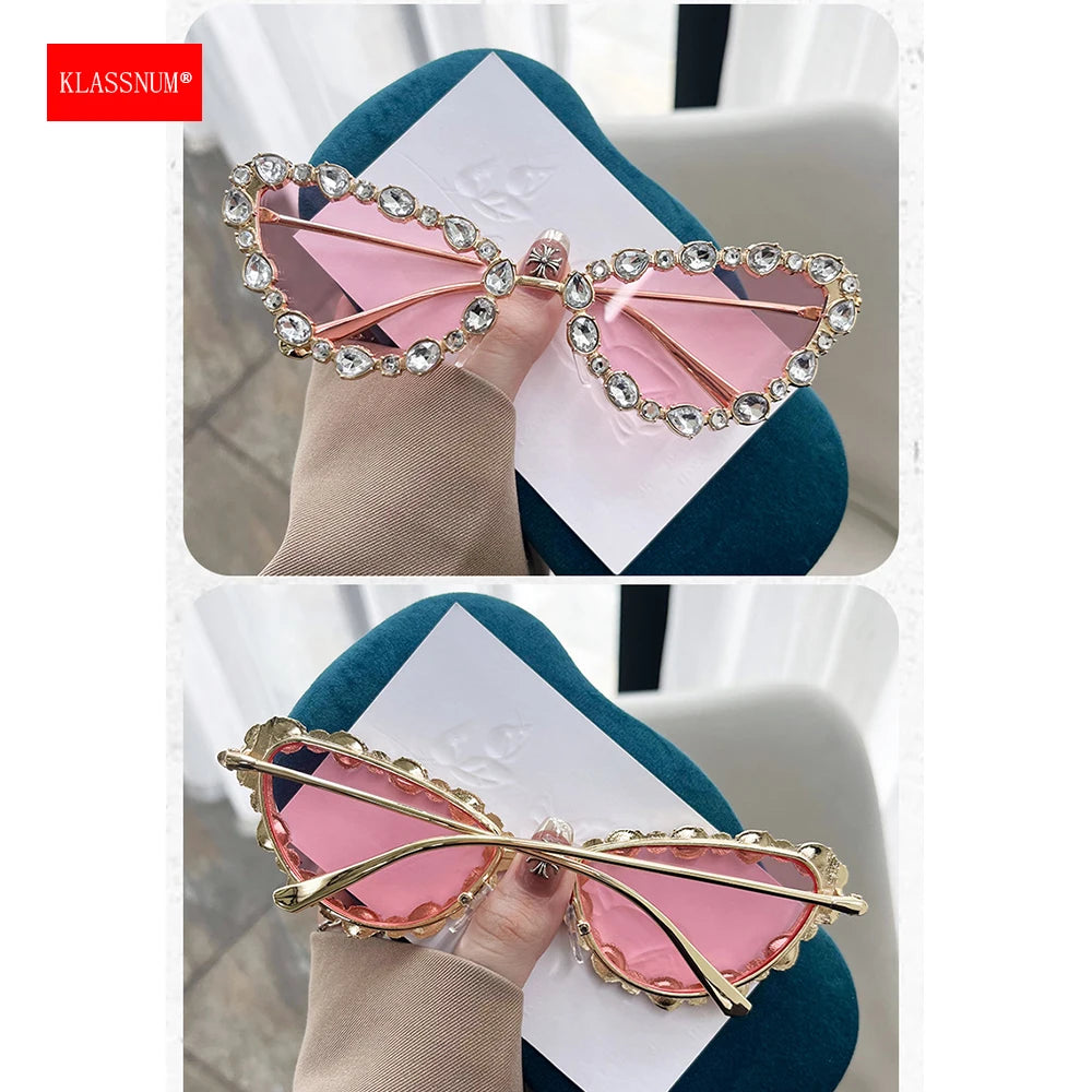 KLASSNUM Luxury Woman Sunglasses Cat-eye Rhinestone Sunglasses 2025 Trendy Party Eyepiece Glitter Metal Frame Color Lens Shades