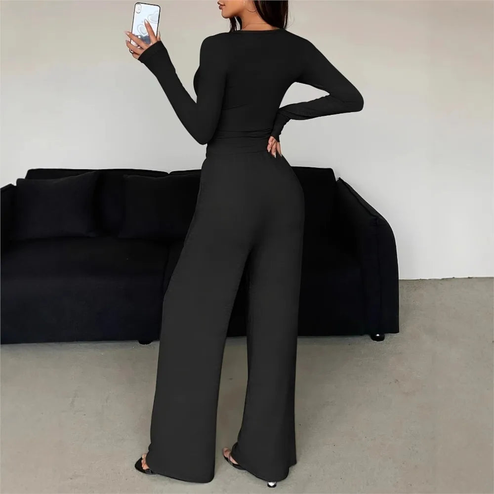 Spring Autumn Women's Fashion Button V-neck Long Sleeve T-shirt Suit Casual Lace-up Tracksuit Pants & Tight T-shirt 2 Piece Set