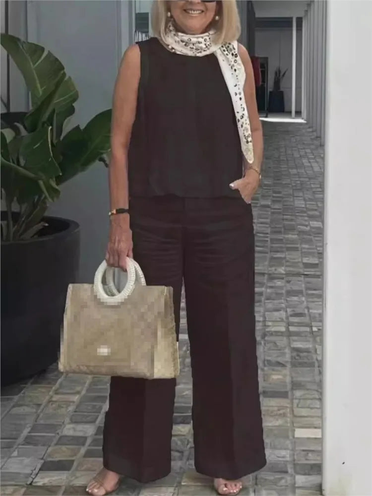 Conjuntos Para Mujeres 2 Piezas Outfit Linen Cotton Clothing Loose Sleeveless Top Wide Leg Pants Two-piece Set Casual Wear