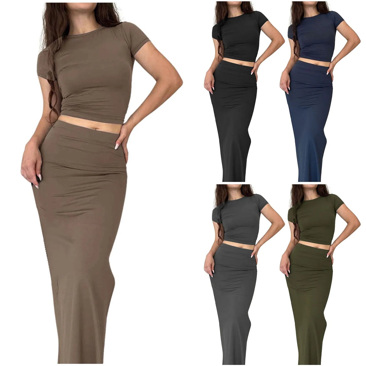 Office Lady Solid Color Long Skirt Two Piece Set Women Short Sleeves Cropped T Shirt Hip Wrap Skirt Sets 2 Piece Streetwear