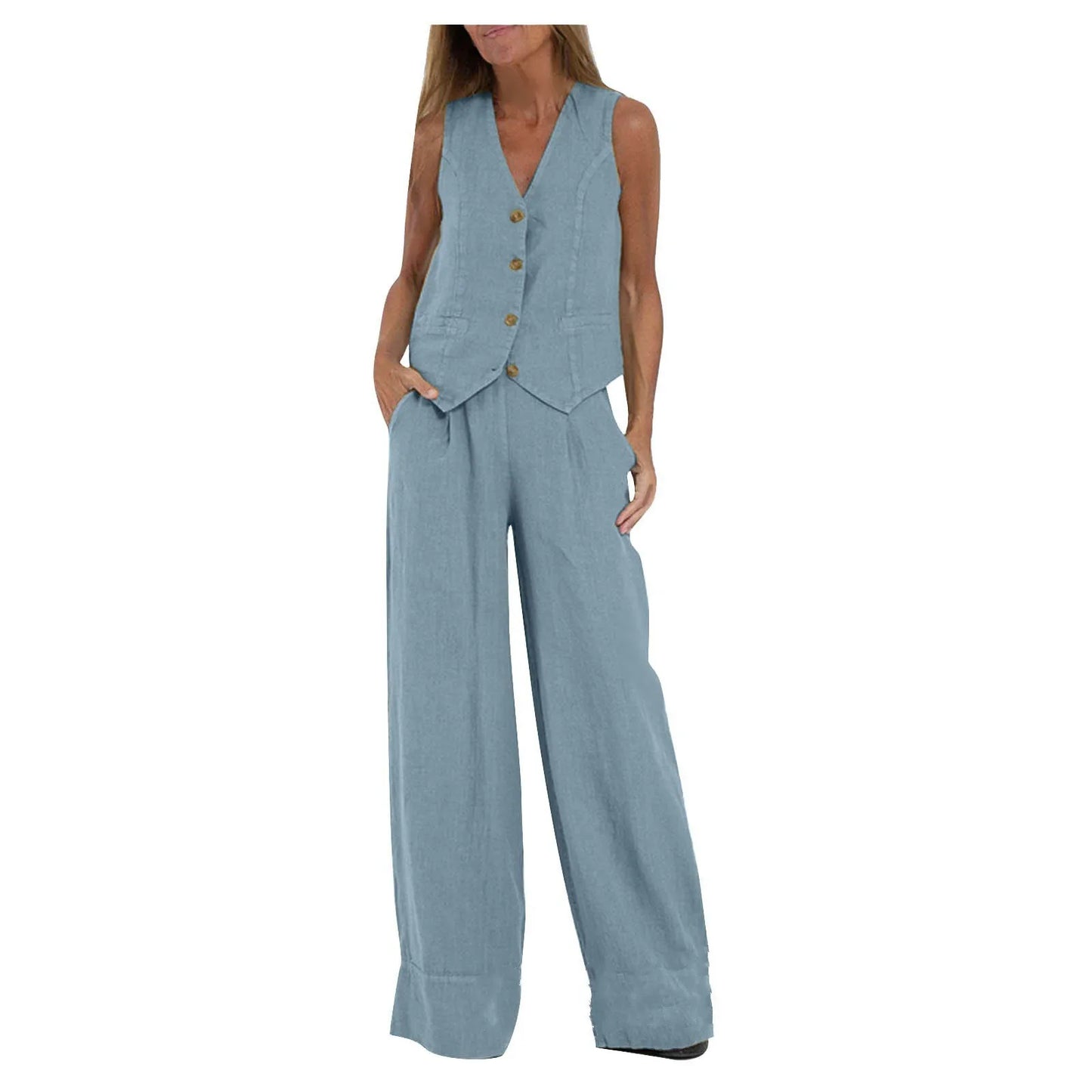 Spring Summer Suit Set Women'S Cotton Linen Wide Leg Suit Set With Sleeveless Vest Long Pants Casual Fashion Outfit 2024 New