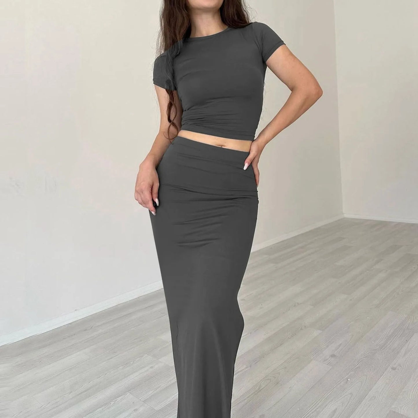 Office Lady Solid Color Long Skirt Two Piece Set Women Short Sleeves Cropped T Shirt Hip Wrap Skirt Sets 2 Piece Streetwear