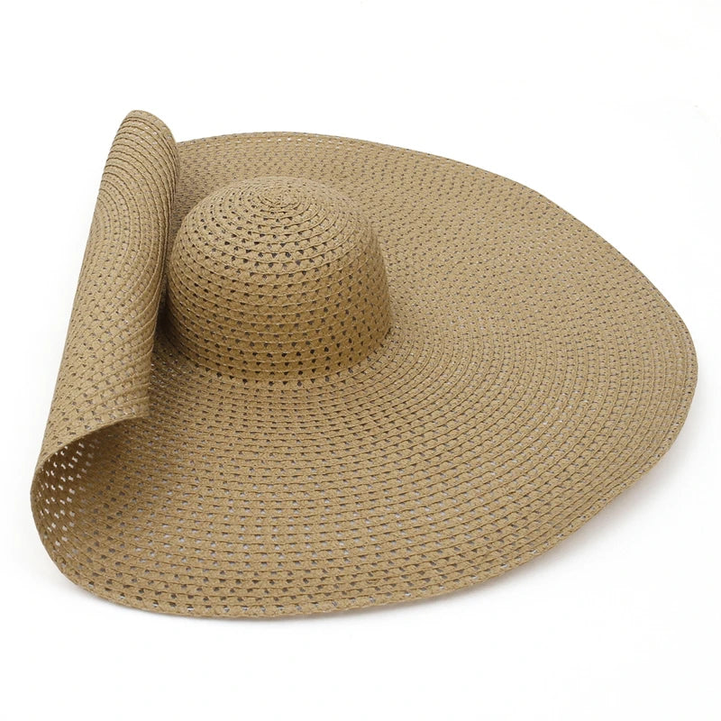25CM Elegant Women Large Brim Sun Hat Outdoor Travel Hollow Out UV Protection Summer Straw Hat