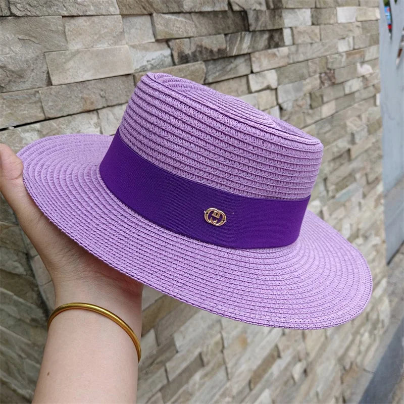Women's Hat Bee Summer Straw Hat Flat Top Men's and Women's Straw Hat Sun Hat Beach Hat Rose Red Flat Top Straw Hat 골프모자
