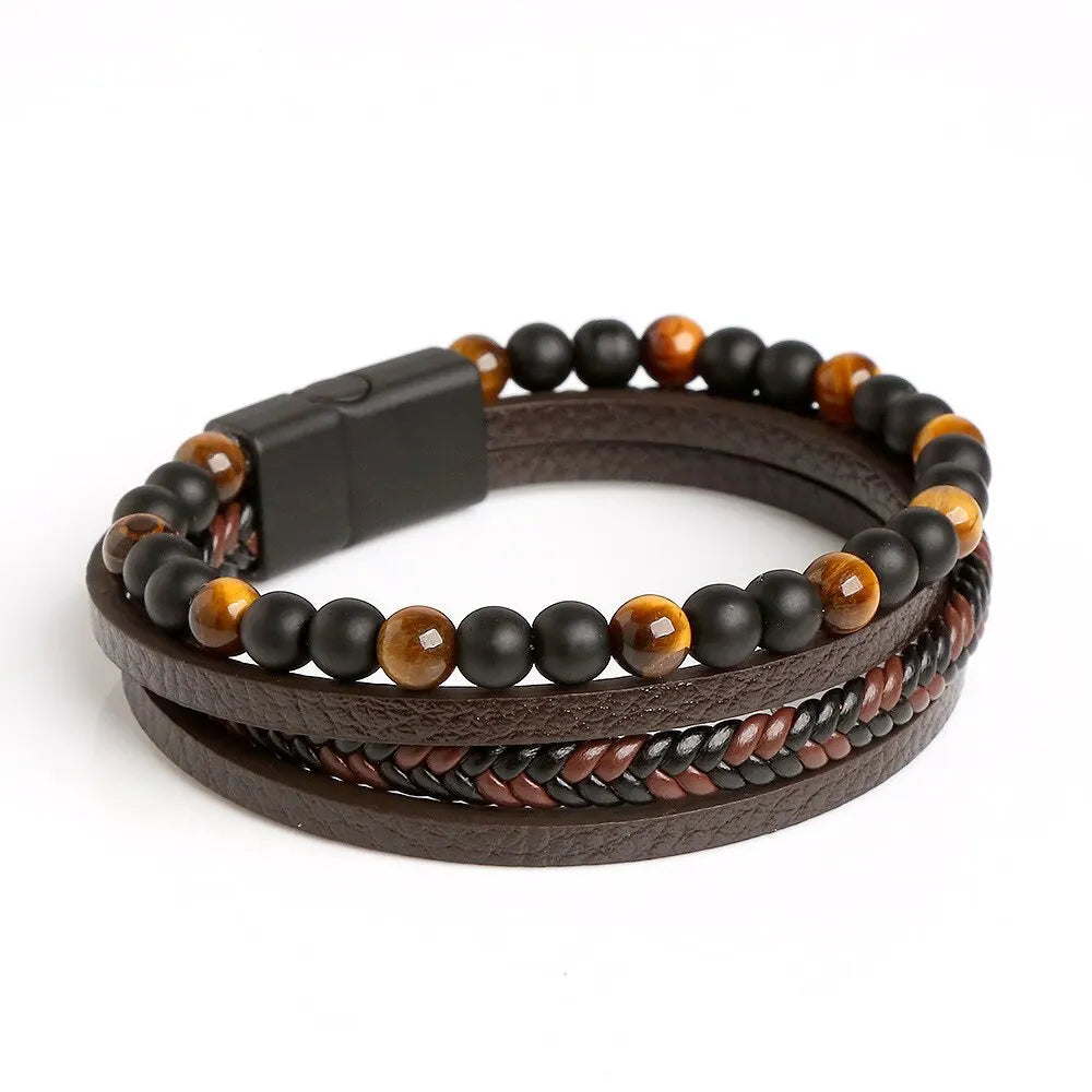 Men Leather Bracelet Classic Fashion Tiger Eye Beaded Multi Layer Leather Bracelet For Men Jewelry Gift