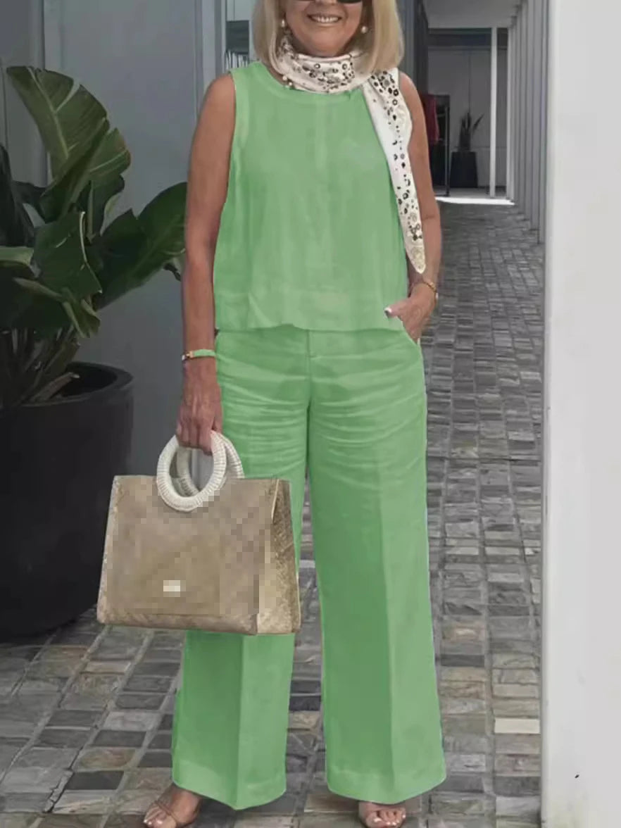 Conjuntos Para Mujeres 2 Piezas Outfit Linen Cotton Clothing Loose Sleeveless Top Wide Leg Pants Two-piece Set Casual Wear