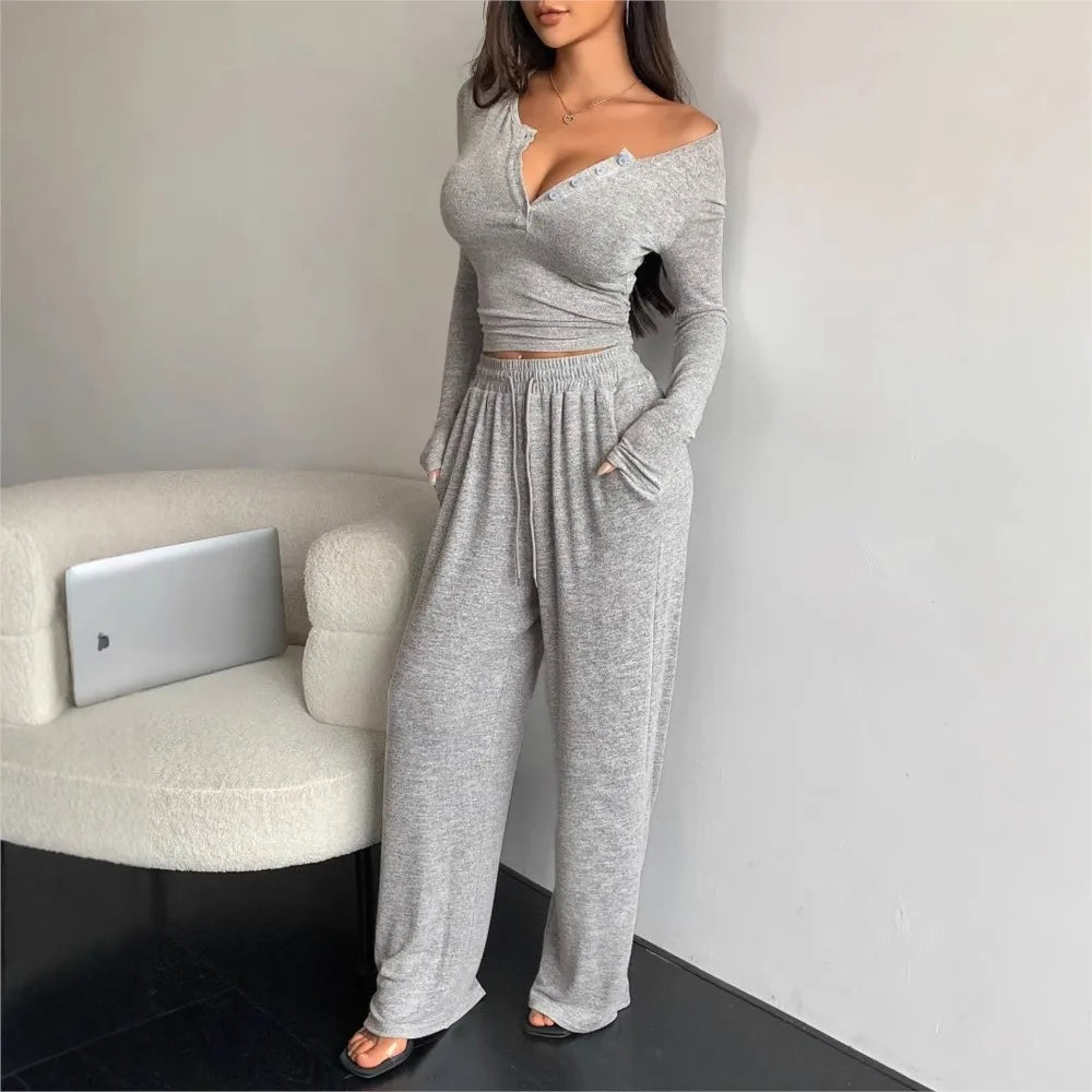 Spring Autumn Women's Fashion Button V-neck Long Sleeve T-shirt Suit Casual Lace-up Tracksuit Pants & Tight T-shirt 2 Piece Set