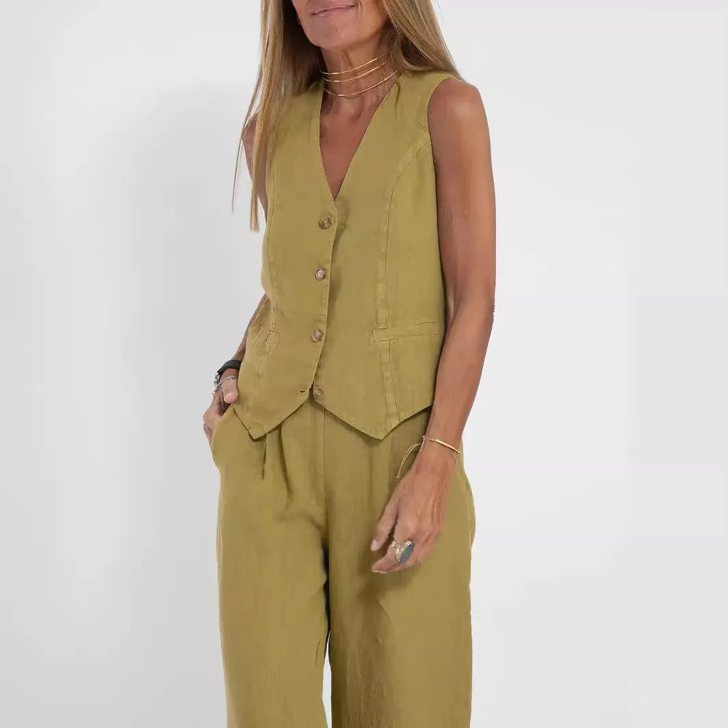 Spring Summer Suit Set Women'S Cotton Linen Wide Leg Suit Set With Sleeveless Vest Long Pants Casual Fashion Outfit 2024 New