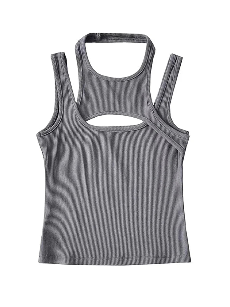 Asymmetrical Crop Top y2k E-girl Hollow Out Knitted Corset Top Sleeveless O Neck Mini Vest Basic Casual Sporty Summer