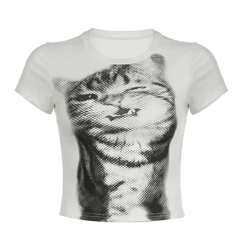 Harajuku Animal Print Crop Top Basic White Short Sleeve Crewneck T-shirt Women Casual Slim-fitting Tees Lady Vintage Style