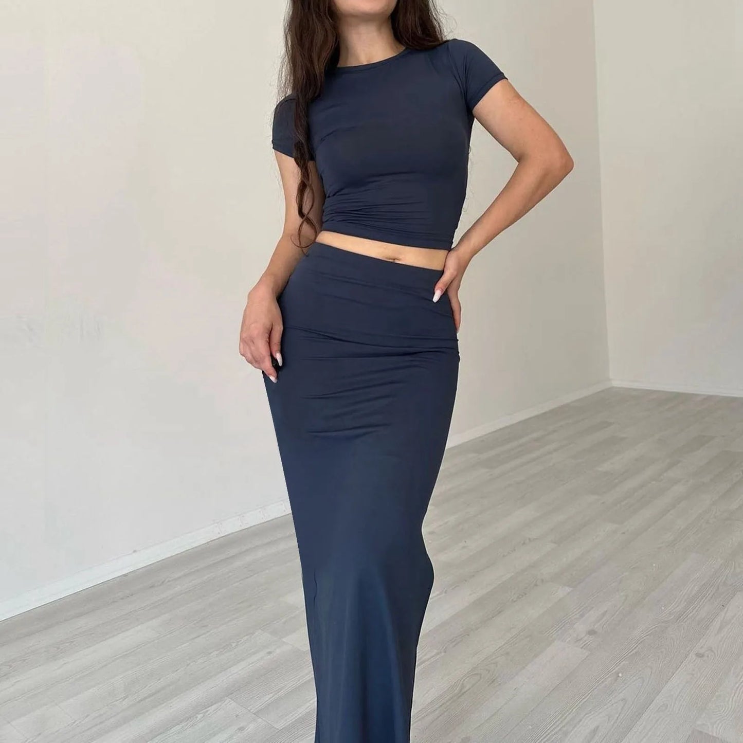 Office Lady Solid Color Long Skirt Two Piece Set Women Short Sleeves Cropped T Shirt Hip Wrap Skirt Sets 2 Piece Streetwear