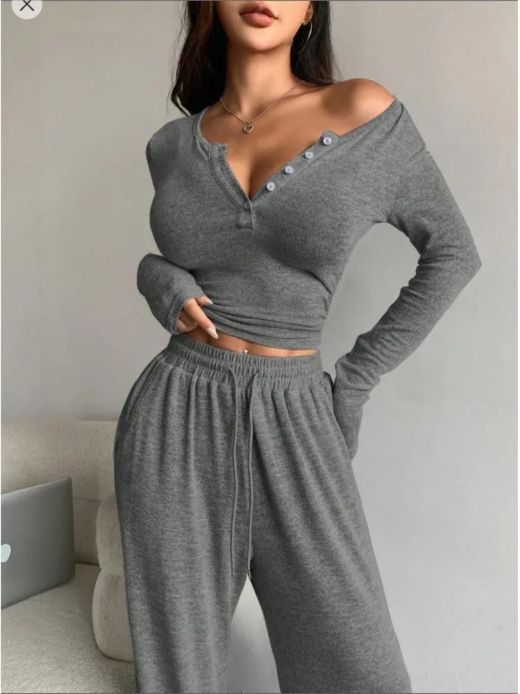 Spring Autumn Women's Fashion Button V-neck Long Sleeve T-shirt Suit Casual Lace-up Tracksuit Pants & Tight T-shirt 2 Piece Set