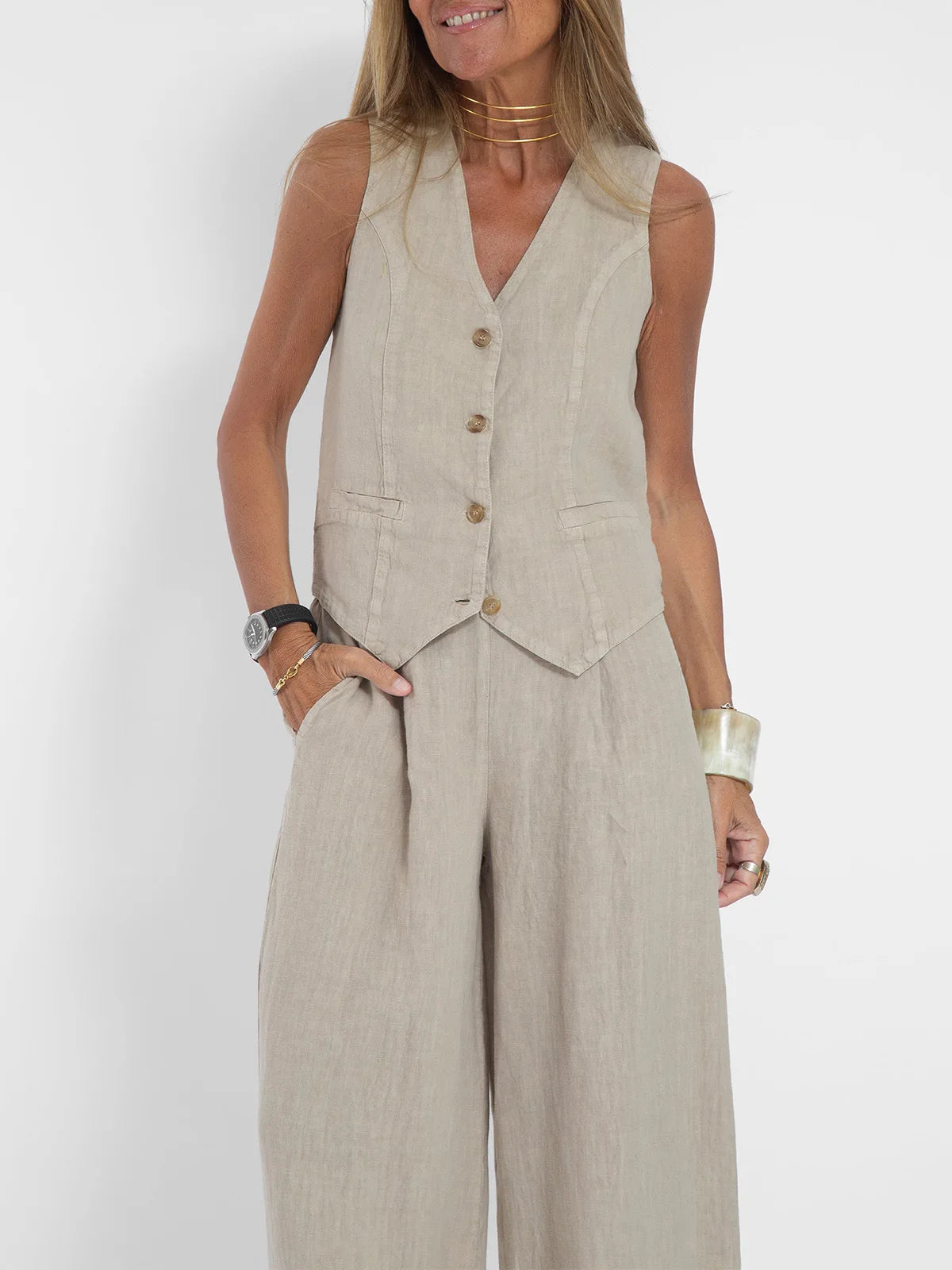 Spring Summer Suit Set Women'S Cotton Linen Wide Leg Suit Set With Sleeveless Vest Long Pants Casual Fashion Outfit 2024 New