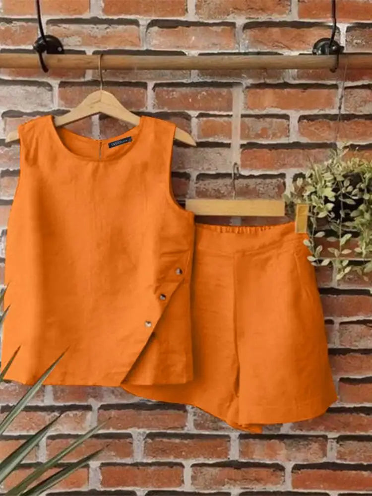 Casual Loose Sleeveless Tank and Shorts ZANZEA Women Summer 2pcs Short Sets Fashion Solid Tracksuit Sexy Pocket Matching Suits