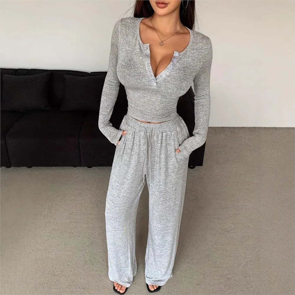Spring Autumn Women's Fashion Button V-neck Long Sleeve T-shirt Suit Casual Lace-up Tracksuit Pants & Tight T-shirt 2 Piece Set