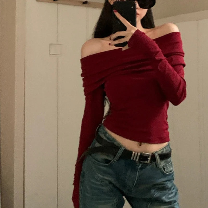 Black Sexy Tops Off Shoulder Long Sleeve T-shirt Women's Solid Elegant Autumn/Winter New Spicy Girl Slim Fit Short Red Crop Top