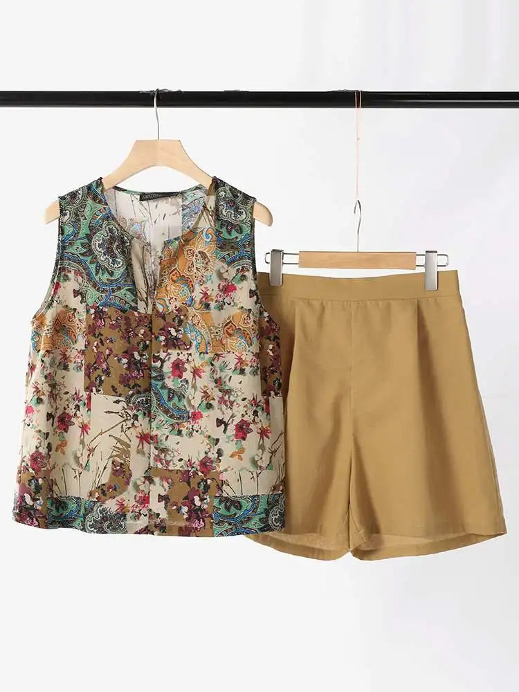 Casual Loose Sleeveless Tank and Shorts ZANZEA Women Summer 2pcs Short Sets Fashion Solid Tracksuit Sexy Pocket Matching Suits
