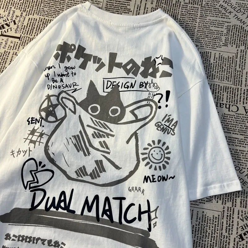 Summer Japanese Retro Pocket Cat Cartoon Printed Short Sleeve T-shirt Male Female Couples Unisex College Style Oversized Top