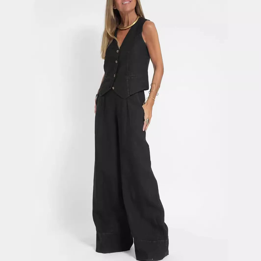 Spring Summer Suit Set Women'S Cotton Linen Wide Leg Suit Set With Sleeveless Vest Long Pants Casual Fashion Outfit 2024 New