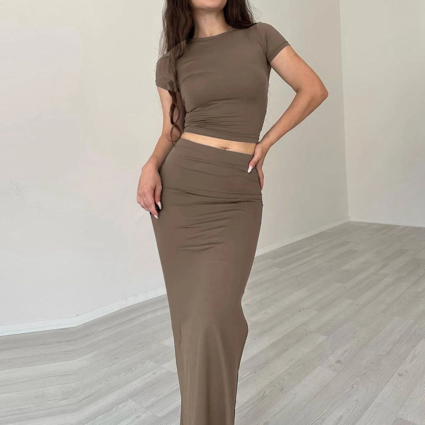 Office Lady Solid Color Long Skirt Two Piece Set Women Short Sleeves Cropped T Shirt Hip Wrap Skirt Sets 2 Piece Streetwear