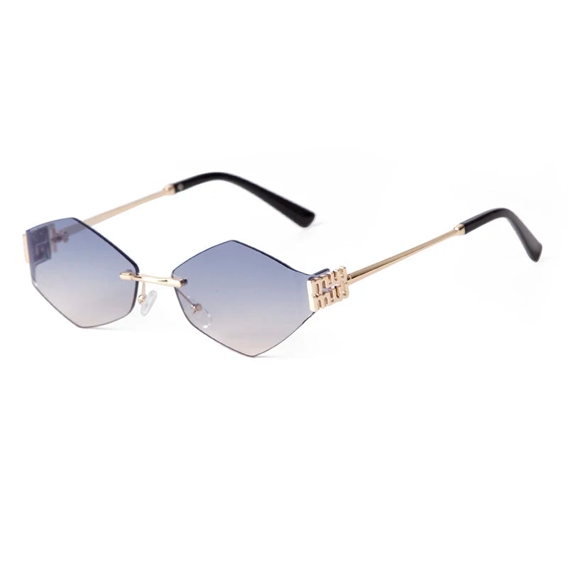 Trend Hexagon Rimless Sunglasses Women Men Brand Designer Gradient blue lens Polygon Metal Frame Driving Sun Glasses Shades Male