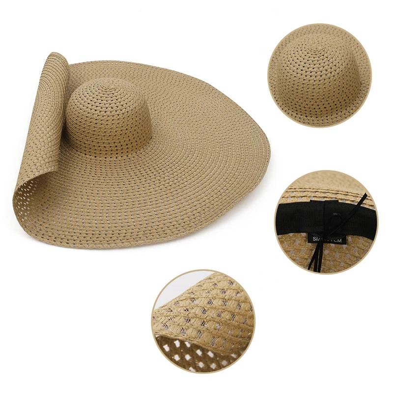 25CM Elegant Women Large Brim Sun Hat Outdoor Travel Hollow Out UV Protection Summer Straw Hat