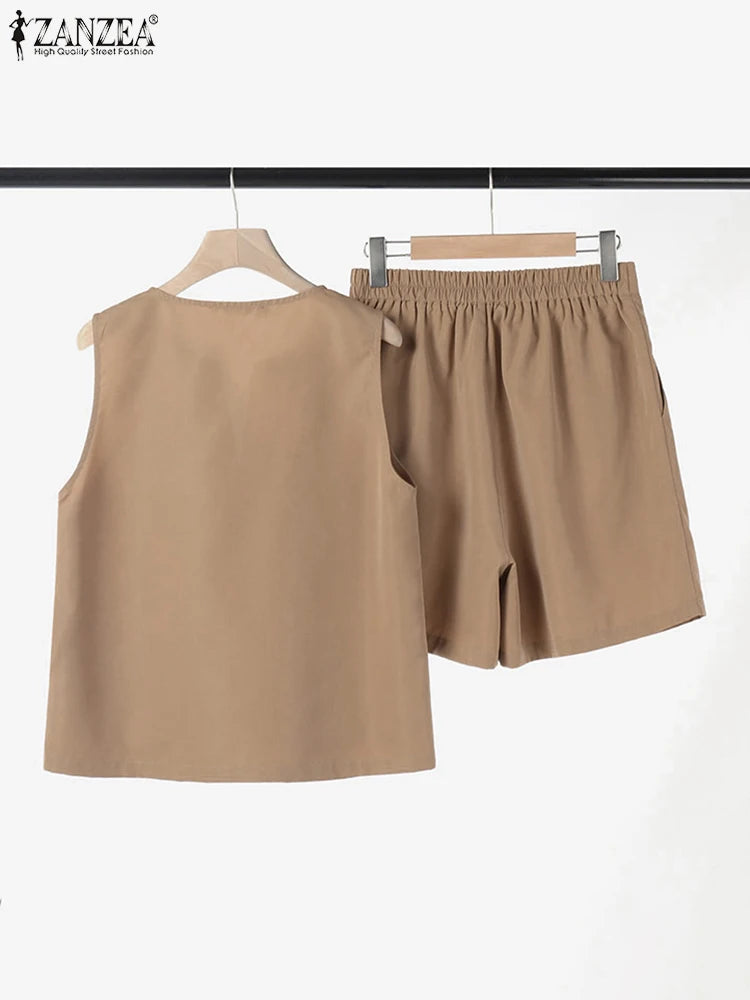 Casual Loose Sleeveless Tank and Shorts ZANZEA Women Summer 2pcs Short Sets Fashion Solid Tracksuit Sexy Pocket Matching Suits