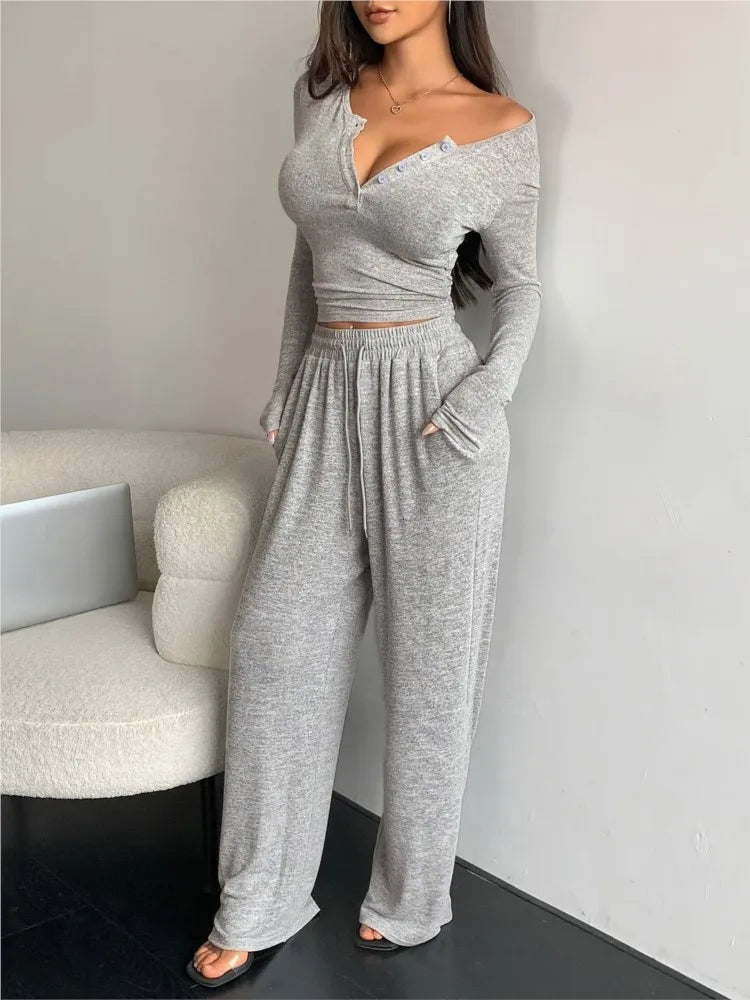 Spring Autumn Women's Fashion Button V-neck Long Sleeve T-shirt Suit Casual Lace-up Tracksuit Pants & Tight T-shirt 2 Piece Set