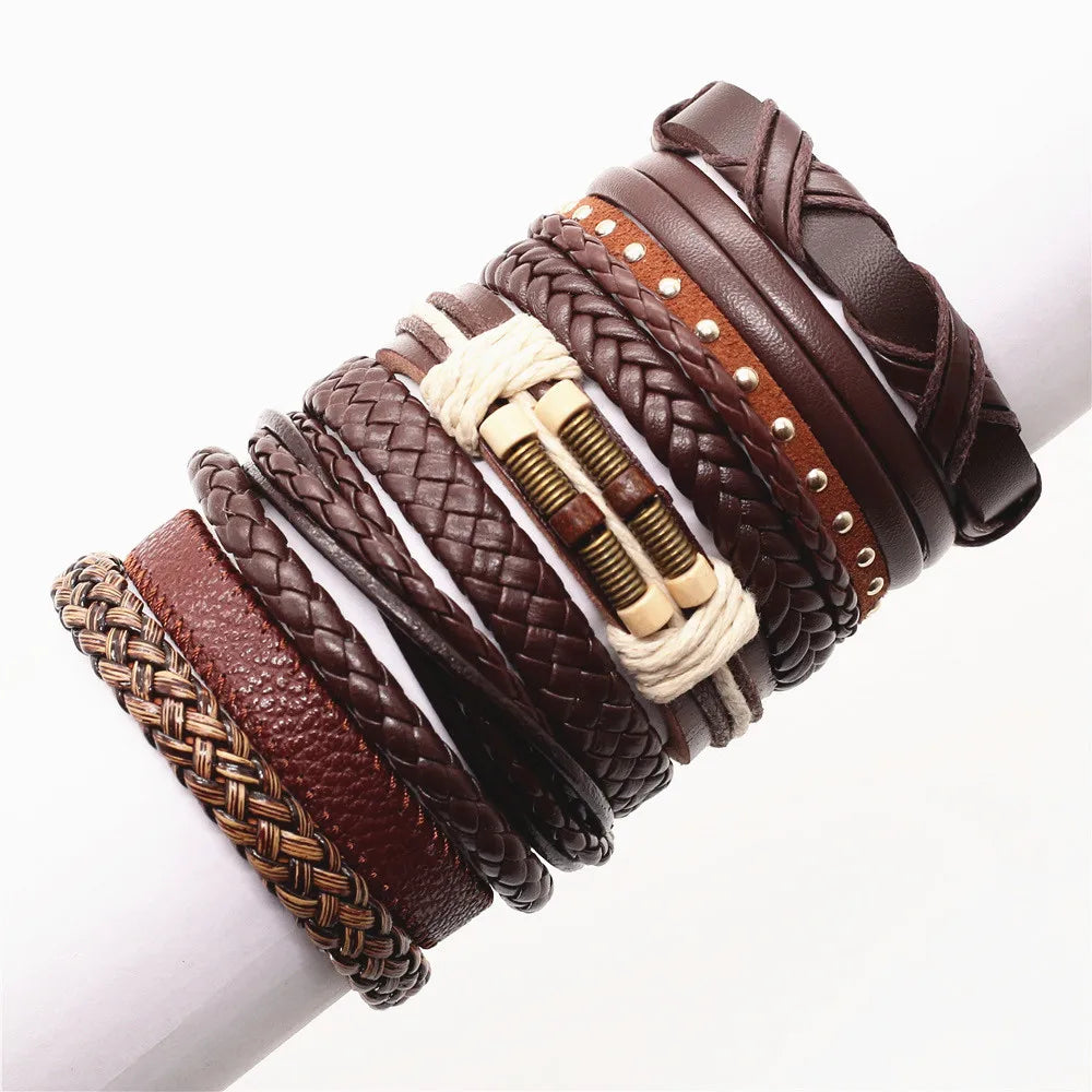 WESTBULL10pcs/set Men Leather Bracelets Set Tree Rivets Charm Multi-layer Brown Black Wrap Bracelet & Bangles