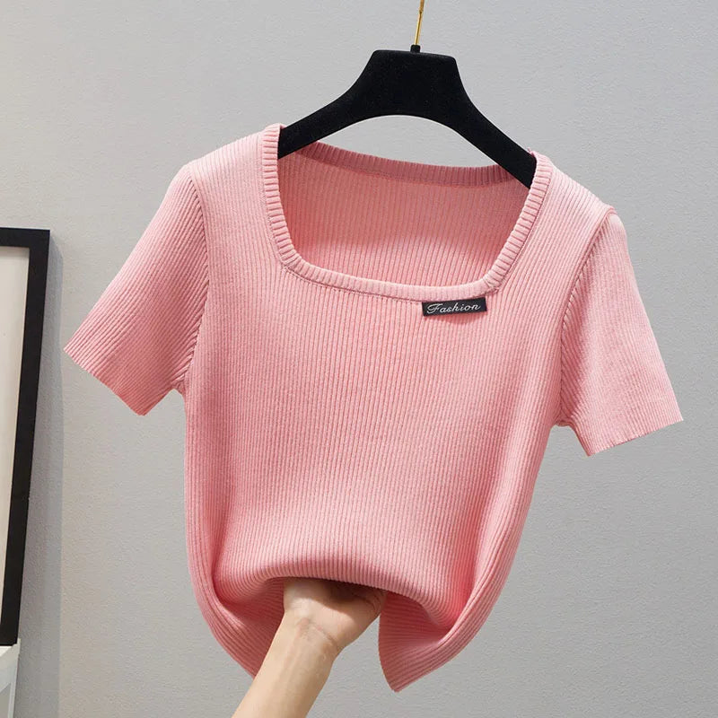 Square Collar Knitted T Shirt For Women Short Sleeve Tshirts Basic Slim Crop Tops Mujer Summer Korean Fashion Woman Clothing