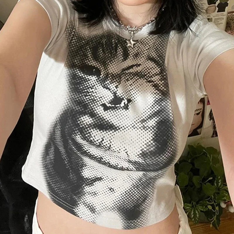 Harajuku Animal Print Crop Top Basic White Short Sleeve Crewneck T-shirt Women Casual Slim-fitting Tees Lady Vintage Style