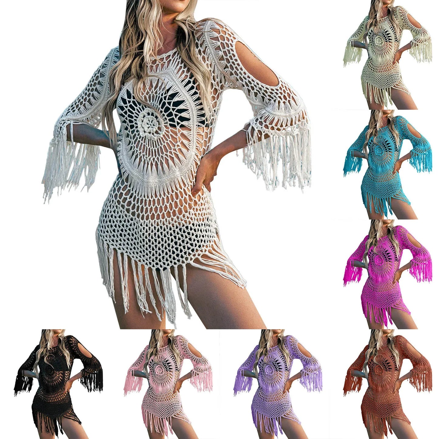 2024 Cover Up Beach Sexy See Through Women's Swimwear Cover Up Crochet Lace Bikini Swimsuit Cover Up Knit купальник 2024 тренд
