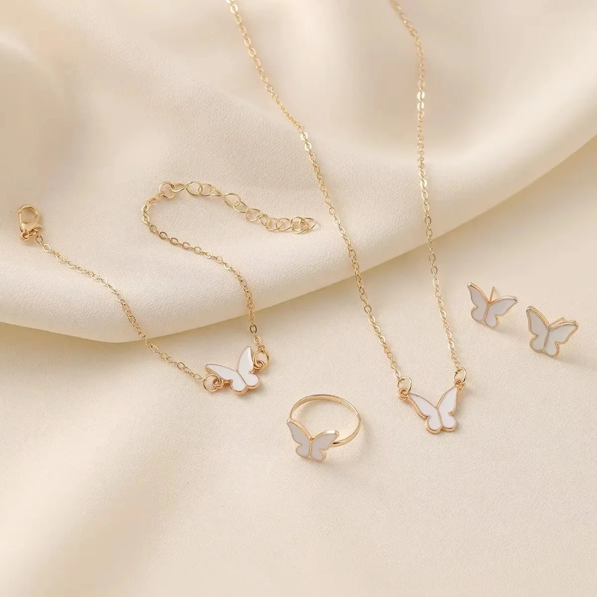 5 Pieces Gold Color Lady Enamel Butterfly Pendant Fashion Accessories Simple Necklace Bracelet Ring Earrings Party Jewelry Set