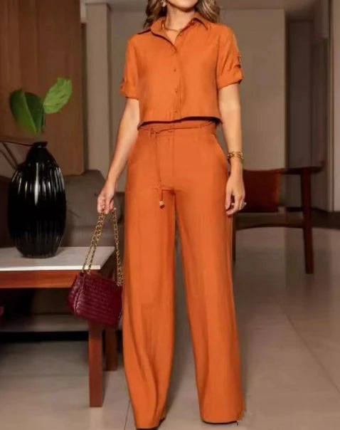 Women Two-piece Elegant Commuting Casual Solid Color Trun-down Collar Button Blouse Top and High Waisted Wide Leg Pants Set