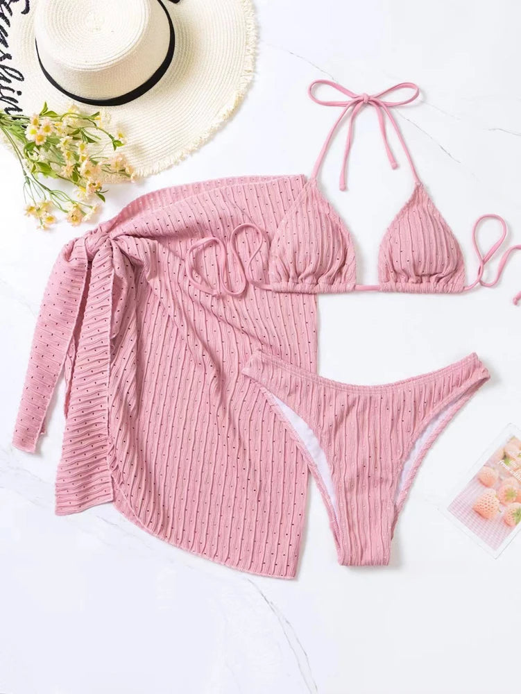 2024 Summer Halter Bikini 3 Pieces Women Special Material Sexy Thong Swimwear With Sarong Skirt White/Black/Pink/Green Beachwear