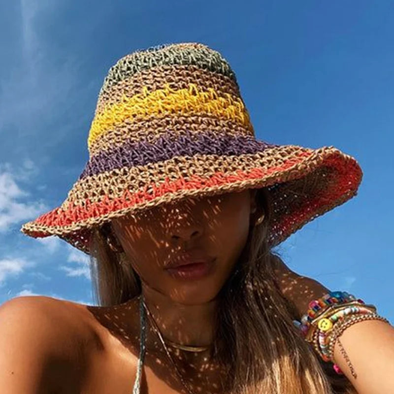 women straw hat summer Rainbow Striped Crochet Woven Straw Bucket Hat sun hat fashion Foldable straw hat travel