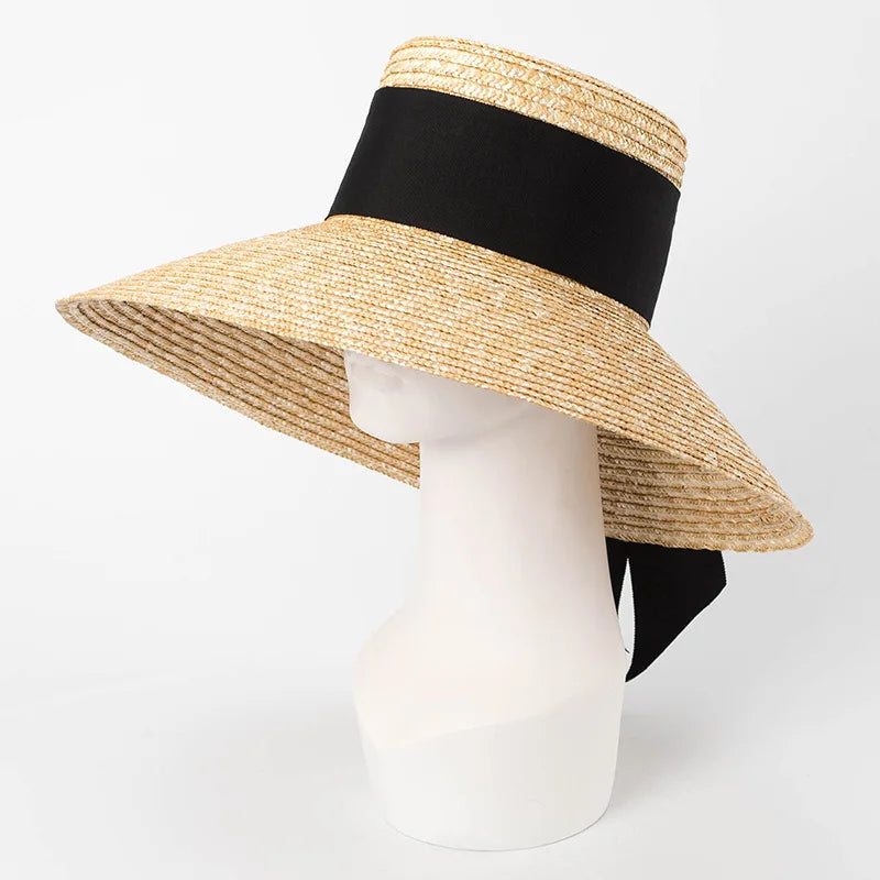 Summer straw hat French elegant seaside travel sun hat bow ribbon flat top large brim straw hat hats for women