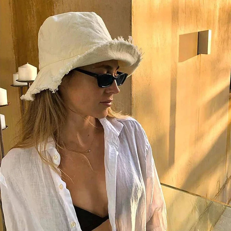 Cotton Fringed Bucket Hat  Soft Fisherman Cap  Aluminum Wire Shape Water Wash  Women's Four Seasons Solid Outing Basin Hat