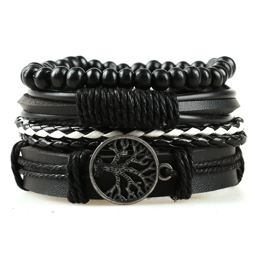 Tree of Life Alloy Accessories Four Combination Set Leather Men's Bracelet Wooden Beads Hand-woven Leather Ornament