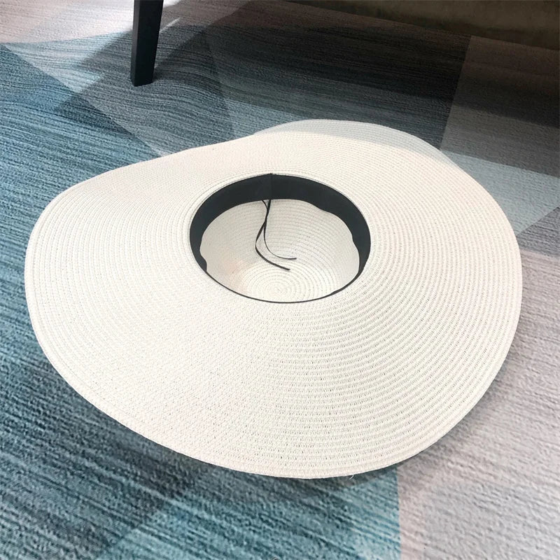 White punk straw hat 25cm large brim hat wholesale sun hat ultra-thin breathable summer sun hat straw hat travel men and women