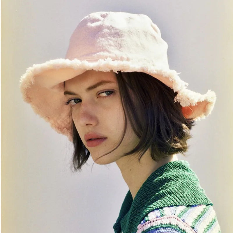 MAXSITIU Cotton Fringed Fisherman Cap Soft Aluminum Wire Shape Water Wash Bucket Hat Women's Four Seasons Solid Outing Basin Hat