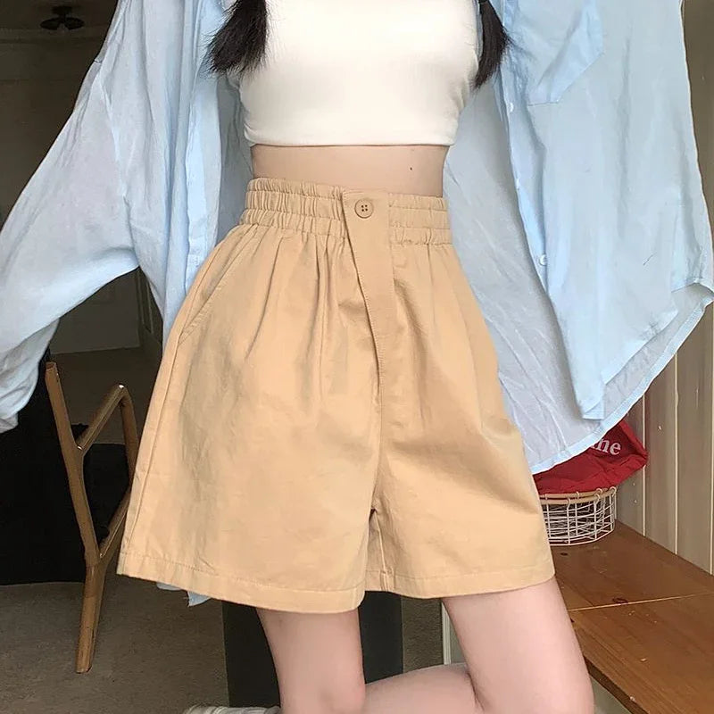 2025 Lady Classic One Button Short Pants Girls Comfortable High Waisted Wash Cotton Shorts Women Korean Casual Vacation Slacks