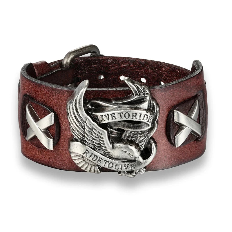 Genuine Leather Ride to live Biker Eagle Bracelets Men Gothic Rock Wide Cuff Wristband Female Motorcycle Jewelry Punk Male Gifts