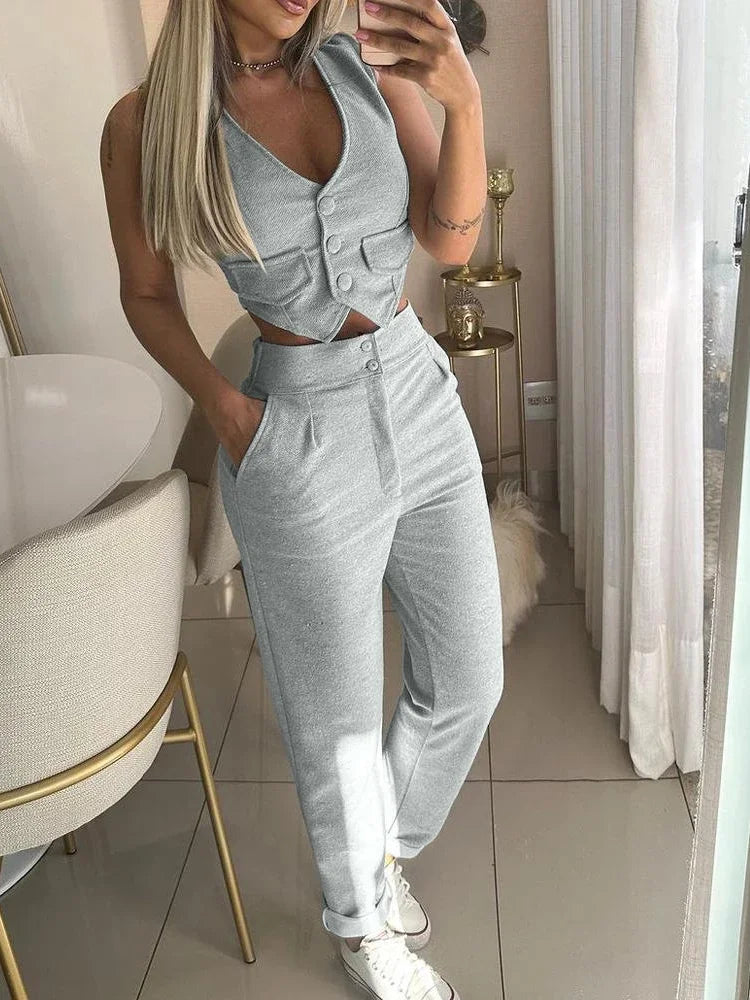 Two Piece Sets Women V Neck Sleeveless Single Breasted Vest Tops Casual Straight Long Pants Set Regular Splice 2023 Autumn