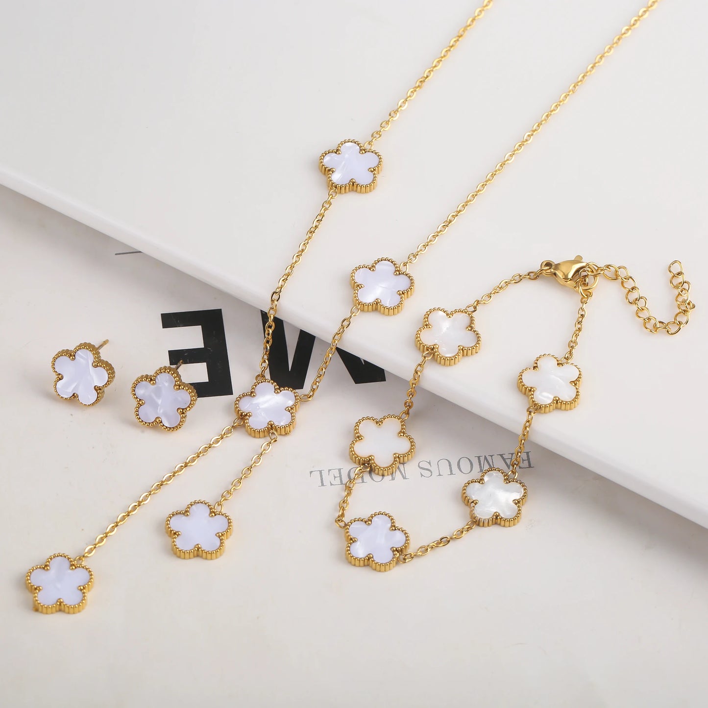 New Design Of Tassel Earrings Plum Blossom Plant Jewelry Set For Women Asymmetrical Stainless Steel Non Fading Clover