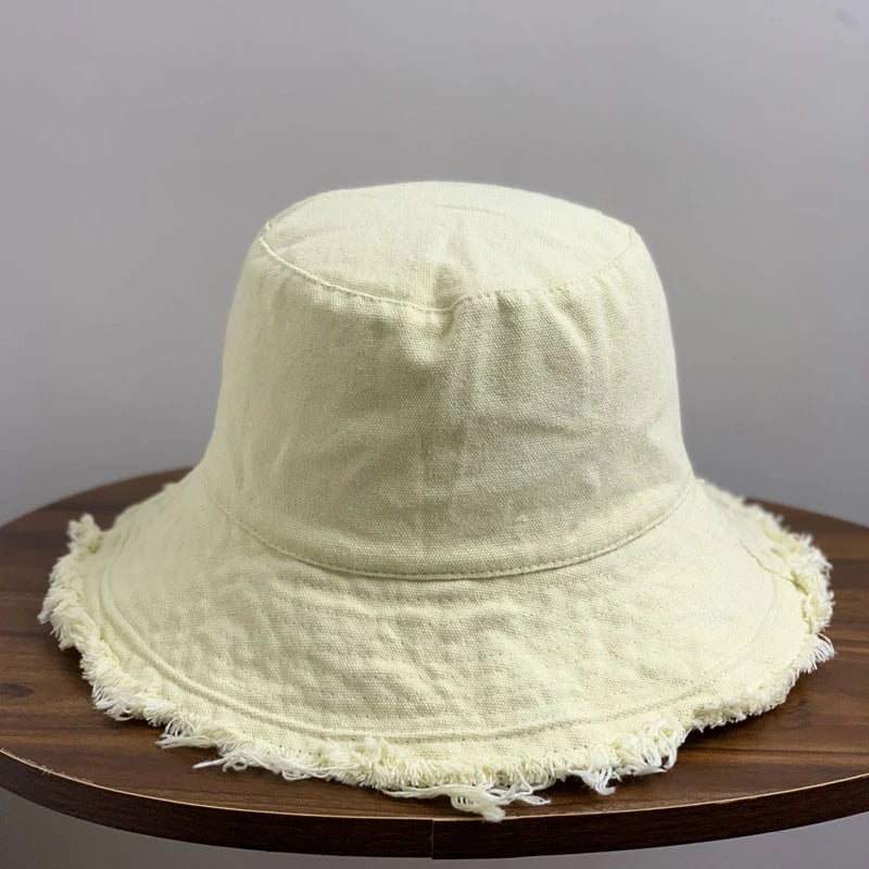 Cotton Fringed Bucket Hat  Soft Fisherman Cap  Aluminum Wire Shape Water Wash  Women's Four Seasons Solid Outing Basin Hat