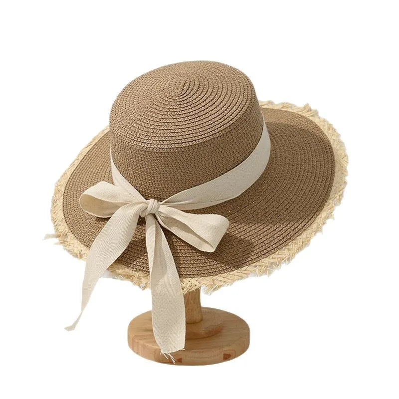 Beach Hat Japanese Everything Hairy Edge Straw Cap Female Summer Flat Top Outing Sun Hat Small Fresh Bow Sun Shade Beach Hat