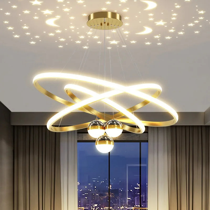 Modern Living Room Ring Chandelier with Moon Stars Creative Black/Gold Ring Circle LED Chandelier Light for Bedroom Dining Room