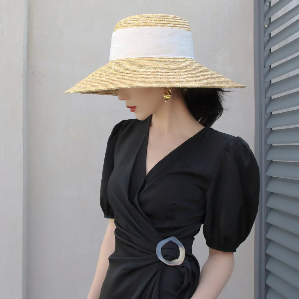 Summer straw hat French elegant seaside travel sun hat bow ribbon flat top large brim straw hat hats for women