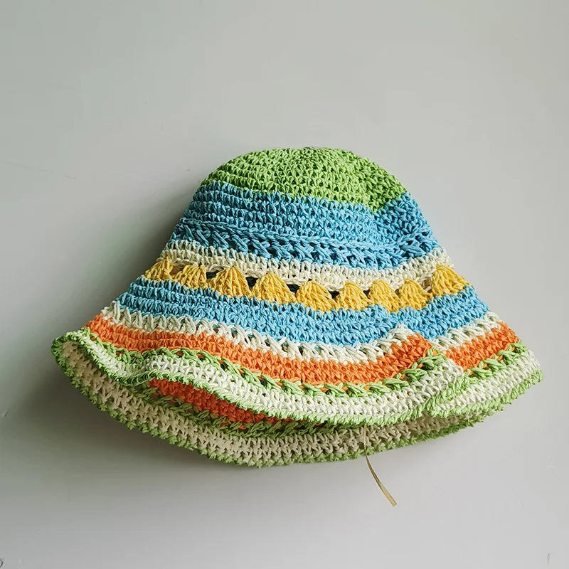 women straw hat summer Rainbow Striped Crochet Woven Straw Bucket Hat sun hat fashion Foldable straw hat travel